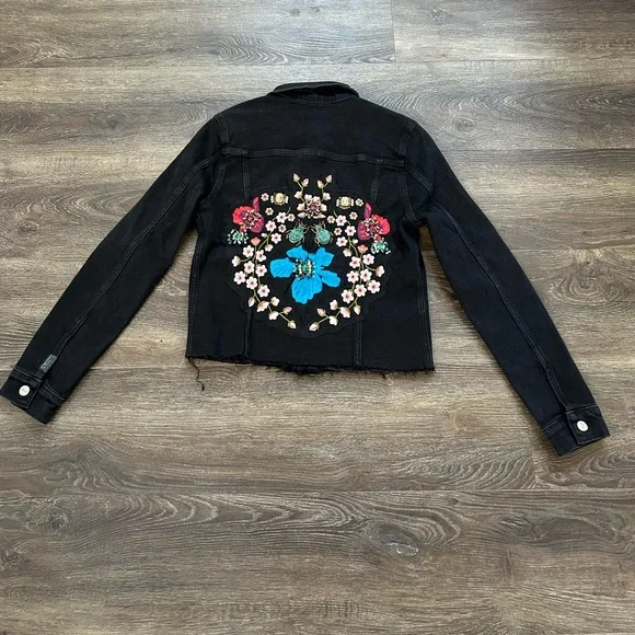 7 For All Mankind Cropped Embellished Black Jean Jacket